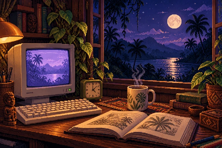 Mesa de estudos em pixel art, com computador, relógio, café e uma janela para a paisagem amazônica