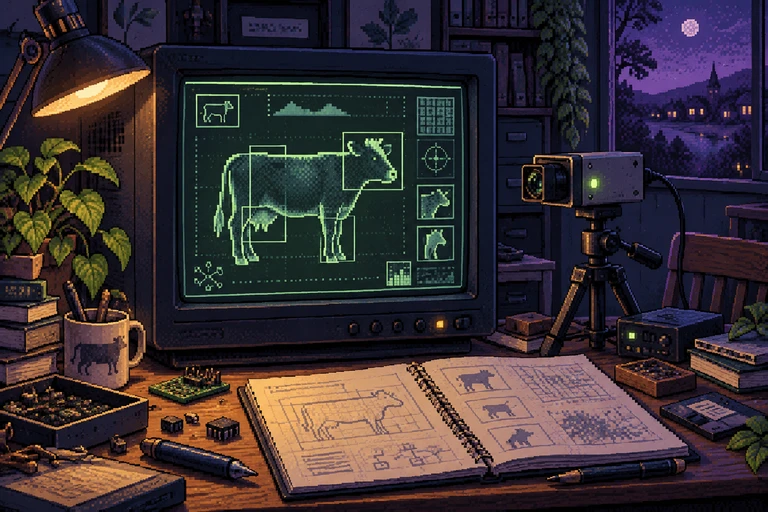 Computador e câmera em pixel art, com a silhueta de um bovino em uma interface de detecção